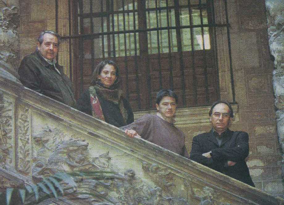 Joan Agut, Anna Aguilar-Amat, Xavier Gual i Jordi Coca al Palau Dalmases, seu d'Omnium Cultural